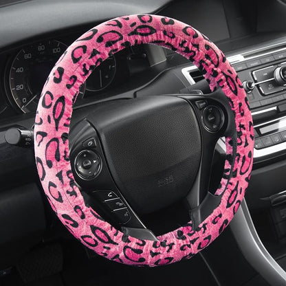 carXS Leopard Print Car Seat Covers Full Set, Includes Matching Seat Belt Pads and Steering Wheel Cover, Two-Tone Cheetah Hot Pink Seat Covers for Women, Car Seat Protector Interior Covers