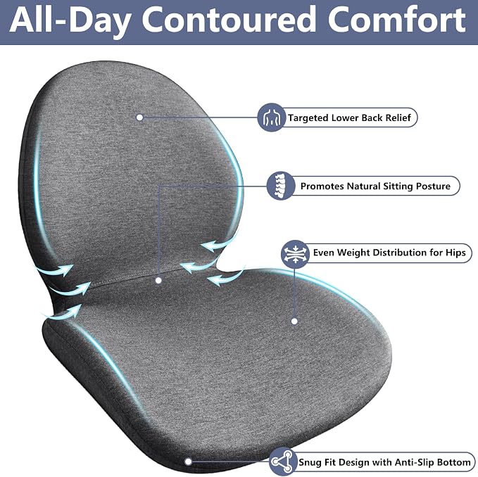 Car Seat Cushion with Lumbar Support Pillow - Memory Foam Driver Seat Cushion for Back & Sciatica Pain Relief, Washable Cover, Non-Slip Bottom for Long Driving, Office Chair & Truck (Grey)