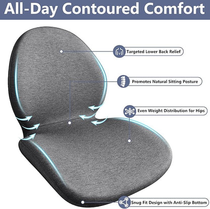 Car Seat Cushion with Lumbar Support Pillow - Memory Foam Driver Seat Cushion for Back & Sciatica Pain Relief, Washable Cover, Non-Slip Bottom for Long Driving, Office Chair & Truck (Grey)