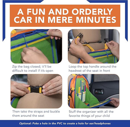 Car Organizer Back Seat for Kids & Tablet Holder for Car with Kick Mats & Lap Tray – Car Accessories Interior Must Have Road Trip Essentials (Age 3+) – Fold Away Tray with Car Seat Pocket Holders