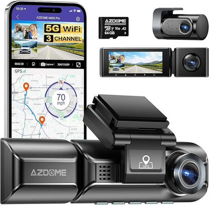 AZDOME M550 Pro 3CH Dash Cam 4K - 5G WiFi, 3.19" Screen IR Night Vision - 24H Parking Mode - 3-Channel Dash Cam - Wide-Angle Coverage - Collision Detection - Built-in GPS - Adjustable Camera Lens