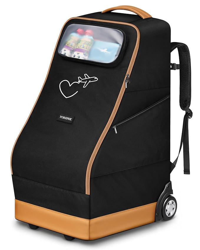 YOREPEK Foldable Car Seat Travel Bag with Wheels, Rolling Gate Check Carseat Bags for Air Travel, Padded Car Seat Carrier For Airport, Clear Pocket for Baby Travel Essentials
