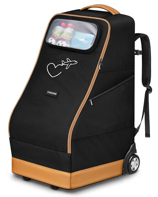 YOREPEK Foldable Car Seat Travel Bag with Wheels, Rolling Gate Check Carseat Bags for Air Travel, Padded Car Seat Carrier For Airport, Clear Pocket for Baby Travel Essentials