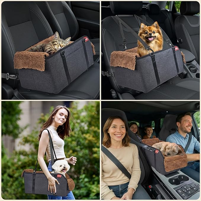 BurgeonNest Center Console Small Dog Car Seat - Portable Pet Cat Puppy Booster Armrest Carseat Up to 11lbs, Anti-Collapse Comfort Car Travel with Washable Fluffy Cushion and Pillow, Brown