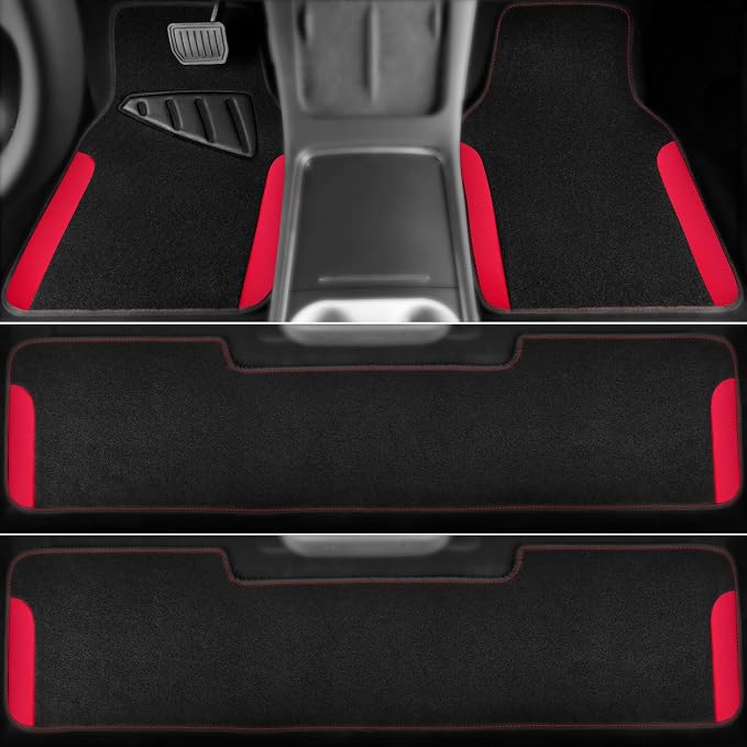 CAR PASS Waterproof Universal Faux Leather 3Row Car Floor Mats, Red Car Mats Fit for SUV,Vans,sedans, Trucks,Set of Vehicles Car Carpet with Driver Heel Pad and Anti-Slip Nibs Backing (Red 3Row)