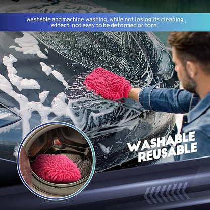 wuyaoyao 2PCS Car Wash Mitt, 10.14"×7.12" Chenille Microfiber Car Wash Mitts, Scratch-Free & Lint-Free, Absorbent Double Sided Clean Glove for Cars Cleaning, Auto Cleaning Supplies (Pink)