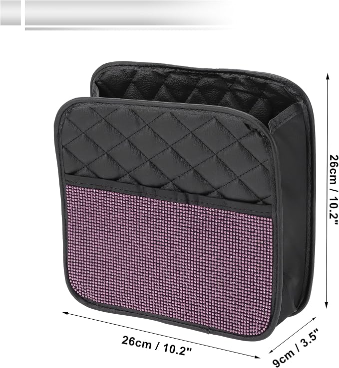 1 Pcs Universal Car Trash Can Hanging 10.2" Length 3.5" Width 10.2" Height Trash Bin Pink Black Faux Leather Rhinestone