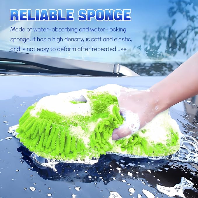2PCS Microfiber Car Wash Sponge, Double Sided Chenille Microfiber Car Wash Mitt, Scratch Free & Lint Free, Absorbent Automotive Washing Sponges, Auto Cleaning Supplies (Fluorescent Green)