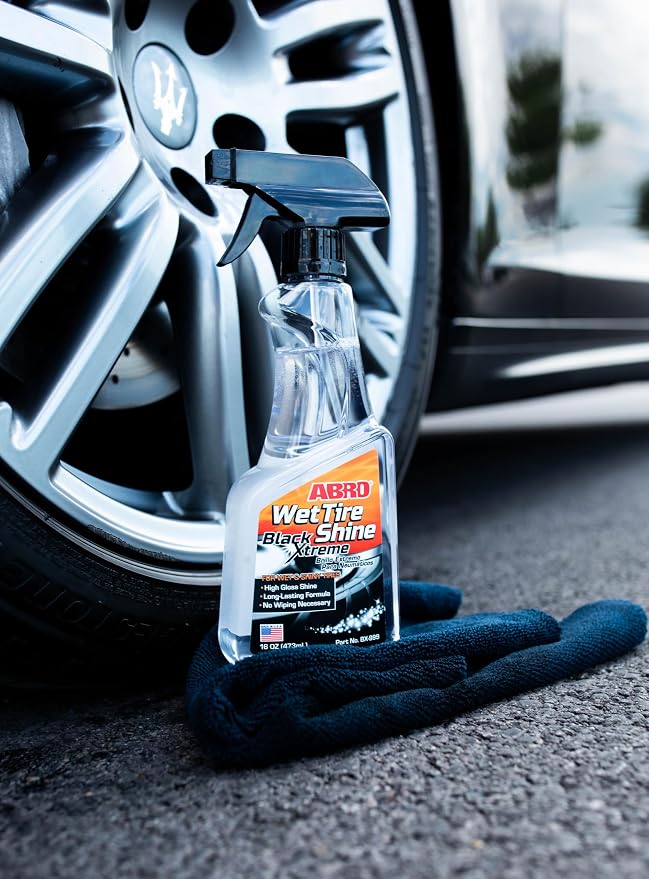 ABRO Black Xtreme Wet Tire Shine, 16 oz., Tire Dressing for Deep Glossy Finish for Protection and Conditioning, Long-Lasting Tire Shine Spray, Fights Cracking and Fading, No Buffing Required