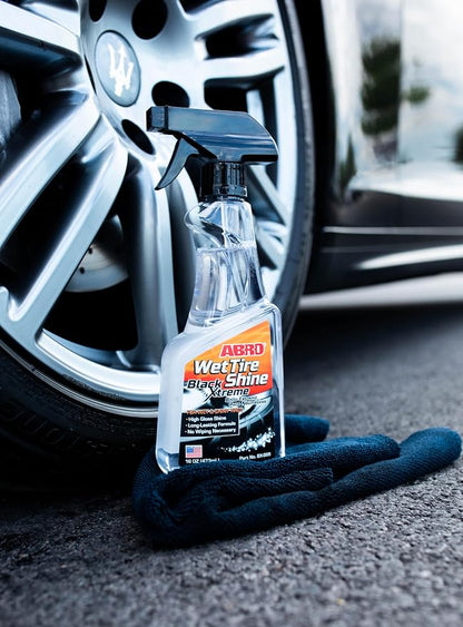 ABRO Black Xtreme Wet Tire Shine, 16 oz., Tire Dressing for Deep Glossy Finish for Protection and Conditioning, Long-Lasting Tire Shine Spray, Fights Cracking and Fading, No Buffing Required