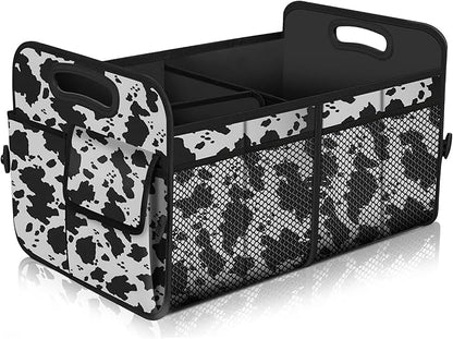 Femuar Car Trunk Organizer,Car Storage Organizer with 72L Large Capacity Waterproof Collapsible and 11 Pockets,Trunk Organizer for Car Suv/Jeep/Sedan, Large Size, Cow print