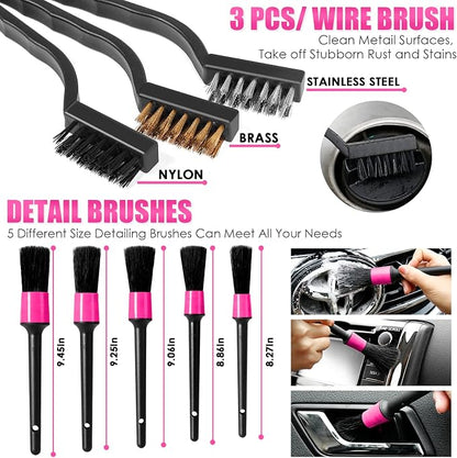 17pcs Car Cleaning Kit, Pink Car Interior Detailing Kit with High Power Handheld Vacuum, Detailing Brush Set, Windshield Cleaner, Cleaning Gel, Complete Auto Accessories for Women Gift