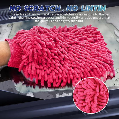 wuyaoyao 2PCS Car Wash Mitt, 10.14"×7.12" Chenille Microfiber Car Wash Mitts, Scratch-Free & Lint-Free, Absorbent Double Sided Clean Glove for Cars Cleaning, Auto Cleaning Supplies (Pink)