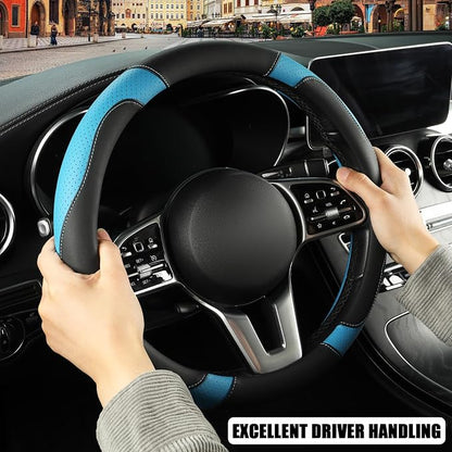 Microfiber Leather D Shaped Steering Wheel Cover, Breathable, Anti Slip, Universal 15 inch, Black with Blue