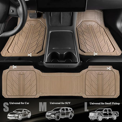CAR PASS Heavy Rubber Car Floor Mats, Deep Waterproof Car Mats All Weather, Universal Trim-to Fit Automotive Floor Mats for Car SUV Truck Van, Durable Floor Liners All Beige