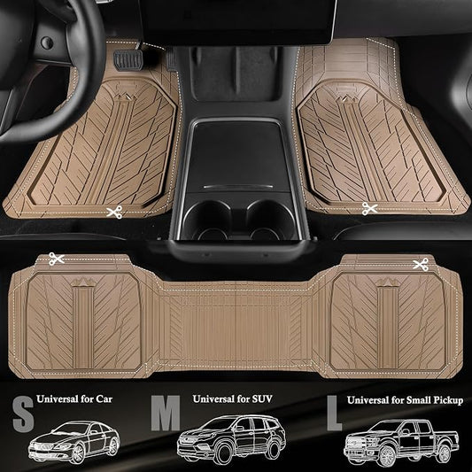 CAR PASS Heavy Rubber Car Floor Mats, Deep Waterproof Car Mats All Weather, Universal Trim-to Fit Automotive Floor Mats for Car SUV Truck Van, Durable Floor Liners All Beige