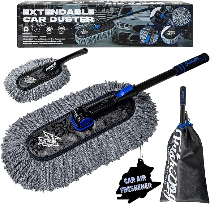 Flash Dog Car Duster Exterior Scratch Free, Waterless Cleaning Brush for Car Truck RV Boat, Gifts for Men Women, Storage Bag & Air Freshener - Extendable Microfiber Duster & Mini Interior Brush