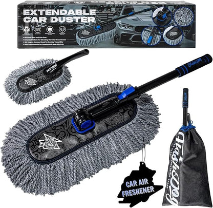 Flash Dog Car Duster Exterior Scratch Free, Waterless Cleaning Brush for Car Truck RV Boat, Gifts for Men Women, Storage Bag & Air Freshener - Extendable Microfiber Duster & Mini Interior Brush