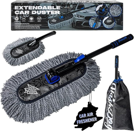 Flash Dog Car Duster Exterior Scratch Free, Waterless Cleaning Brush for Car Truck RV Boat, Gifts for Men Women, Storage Bag & Air Freshener - Extendable Microfiber Duster & Mini Interior Brush
