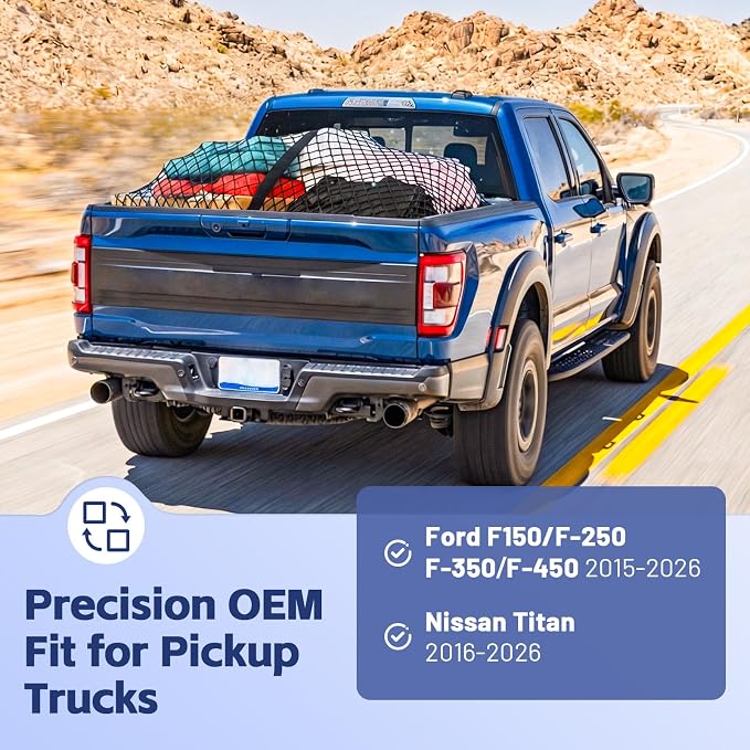 Cargo Net for Ford F-Series 2015-2026, Nissan Titan 2016-2024 | Heavy Duty Truck Bed Organizer, Highly Elastic Tailgate Net with Carabiners, Weatherproof Mesh Cover with Attached Zipper Bag