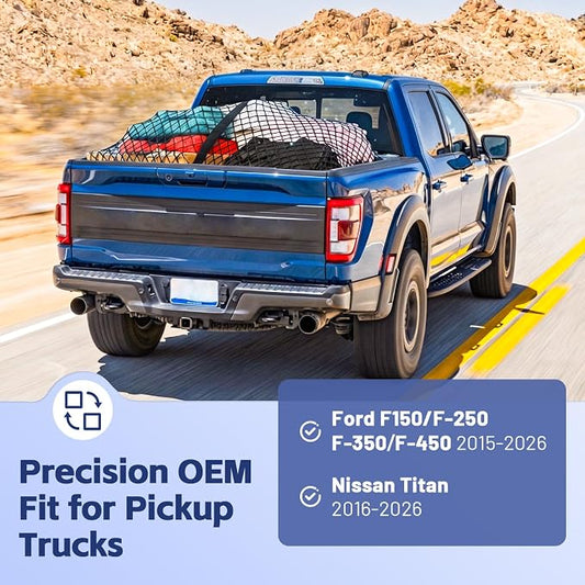 Cargo Net for Ford F-Series 2015-2026, Nissan Titan 2016-2024 | Heavy Duty Truck Bed Organizer, Highly Elastic Tailgate Net with Carabiners, Weatherproof Mesh Cover with Attached Zipper Bag