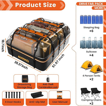 AUXKO 22 Cubic Ft Waterproof Rooftop Cargo Carrier Bag for All Vehicles with/Without Roof Rack, Soft Shell Car Roof Bag with Reflective Strip Includes Anti-Slip Mat, 6 Door Hooks & Combination Lock