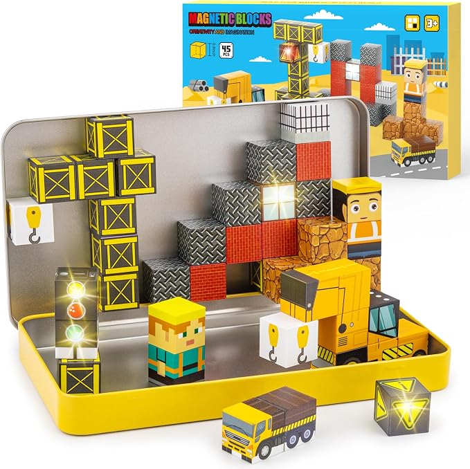 Aywewii Travel Magnetic Blocks 45 PCS Travel Toys for Kids Ages 3-5, Magnet Building Cubes STEM Learning Set with Iron Case - Portable Building Toys for Boys and Girls (Construction Edition 1)