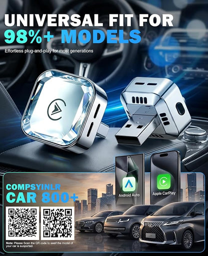 2026 2 in 1 Wireless CarPlay and Android Auto Adapter, Mini CarPlay Dongle Converts Wired to Wireless, Plug & Play, Fast Auto-Connect, No Delay Car Adapter for iPhone & Android with USB/Type-C