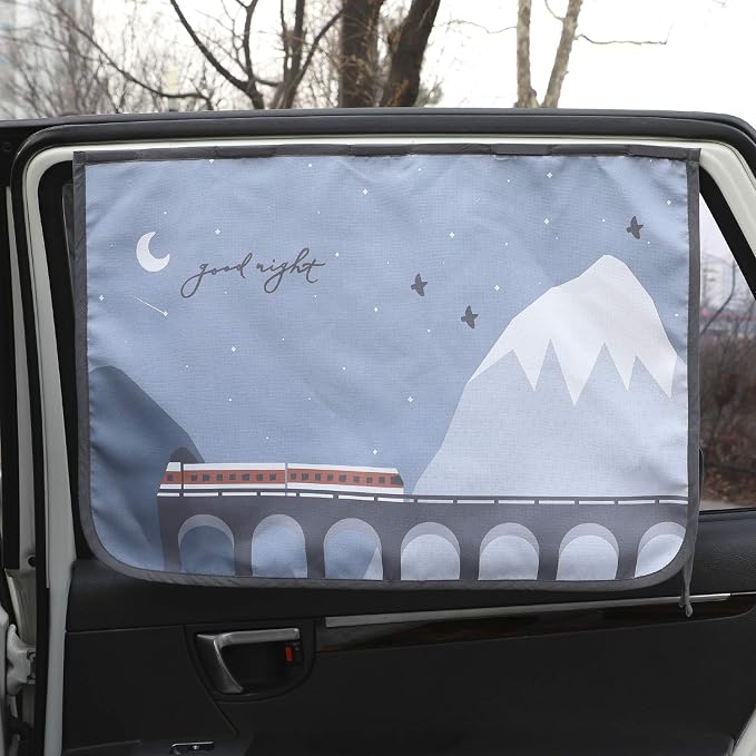 Magnetic Car Sun Shade Curtain for Side Window – Sun Blocker and UV Protector for Baby, Kids, and Pets – Universal Fit with Built-in Magnets for Steel-Framed Door (Bebe Train)