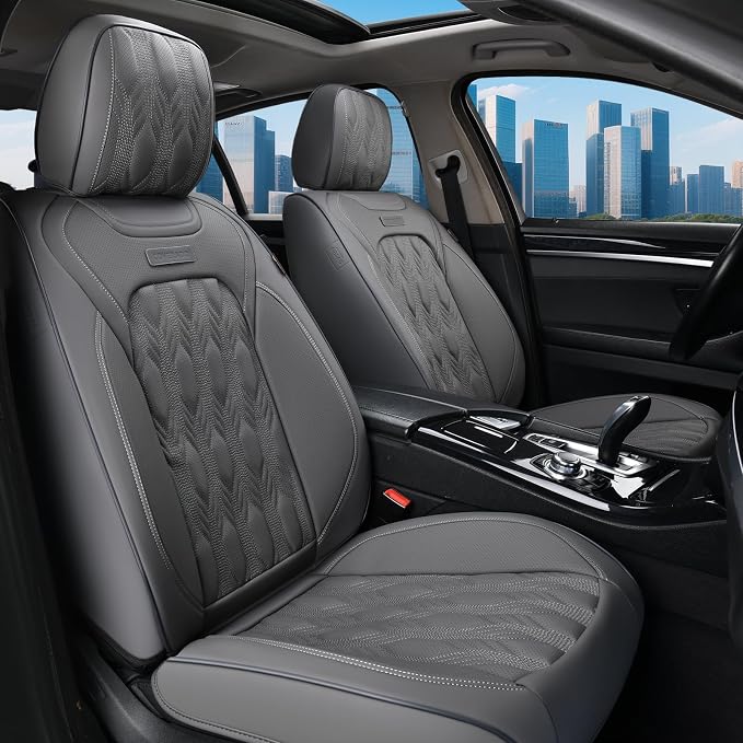 Coverado Car Seat Cover Full Set, Front and Back Seat Covers for Cars, 5 Seats Luxury Leather Seat Covers, Waterproof Car Seat Protectors, Gray Driver Seat Cushions Fit for Most Vehicles