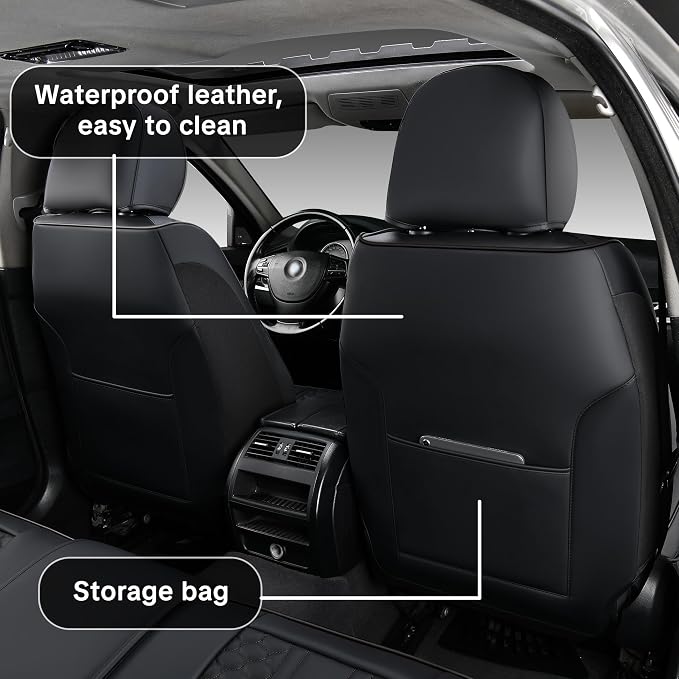 Black Car Seat Covers, Suitable for SUVs, Pickups, and Sedans, 5-Piece Complete Set, Automotive Interior Accessories, Waterproof Leather, with Lumbar Support, Airbag Compatible, Non-Slip