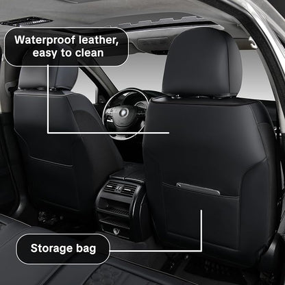 Black Car Seat Covers, Suitable for SUVs, Pickups, and Sedans, 5-Piece Complete Set, Automotive Interior Accessories, Waterproof Leather, with Lumbar Support, Airbag Compatible, Non-Slip