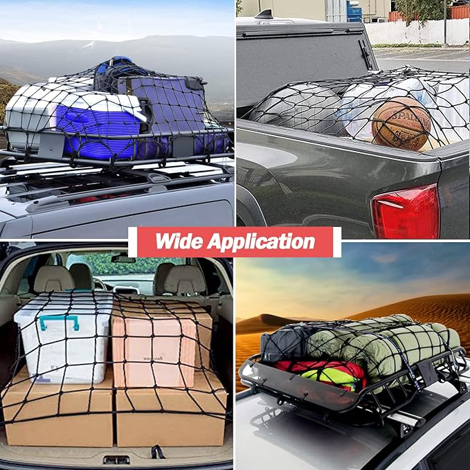 Natural Latex Core Cargo Net for Car SUV Roof Rack | 3'x4' Stretches to 6'x8' Small Bungee Net for Pickup Bed | 12 Carabiners + 12 Hooks | Tight 4”x4” Mesh for Ford, Dodge, Chevy, Toyota