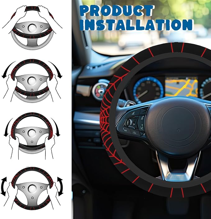 Car Steering Wheel Cover, 14.5"-15" Inch Universal Anti-Slip DurableSteering Wheel Protective Cover, Breathable Auto Interior Decoration Accessories for Sedan SUV Truck (Black Spider Web)