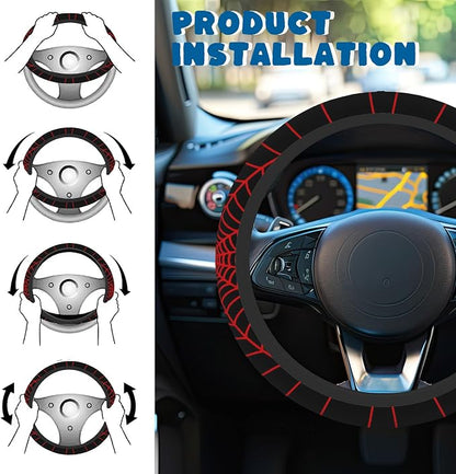 Car Steering Wheel Cover, 14.5"-15" Inch Universal Anti-Slip DurableSteering Wheel Protective Cover, Breathable Auto Interior Decoration Accessories for Sedan SUV Truck (Black Spider Web)