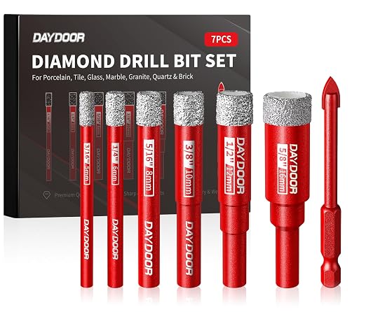 DAYDOOR Dry Diamond Drill Bits Set, 3/16" 1/4" 5/16" 3/8" 1/2" 5/8" Diamond Hole Saw Kit for Porcelain Tile Ceramic Glass Marble Granite, Tile Drill Bits with Cooling Wax, Round Shank (7-Piece)