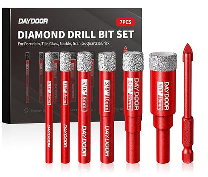 DAYDOOR Dry Diamond Drill Bits Set, 3/16" 1/4" 5/16" 3/8" 1/2" 5/8" Diamond Hole Saw Kit for Porcelain Tile Ceramic Glass Marble Granite, Tile Drill Bits with Cooling Wax, Round Shank (7-Piece)