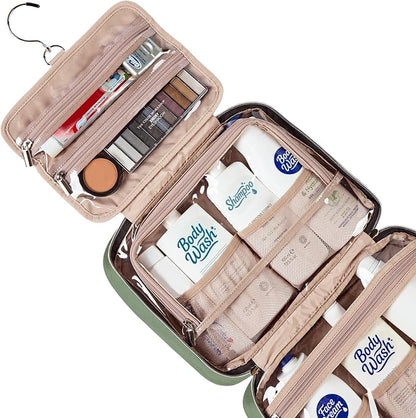 NISHEL Large Double Layer Travel Makeup Bag Women, Cosmetic Case, Organizer for Travel-Size Accessories Bottles, Brushes, Conditioner, and Skin Care Products, Bronze Green