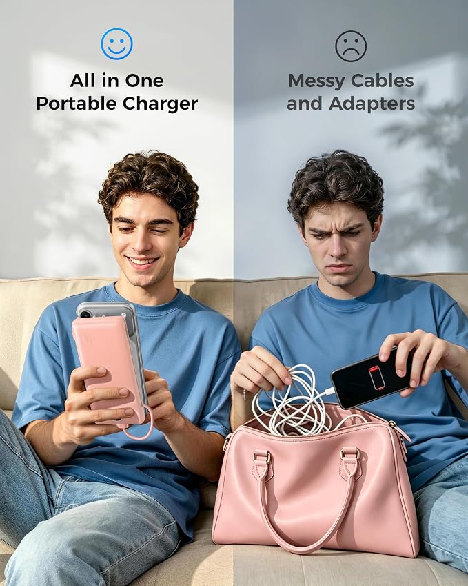 VEGER Portable Charger Power Bank with Built-in AC Plug and Cables, All in One 10000mAh Ultra Slim Travel Essentials, Fast Charging Battery Pack Compatible with iPhone, Samsung, More, Dark Pink