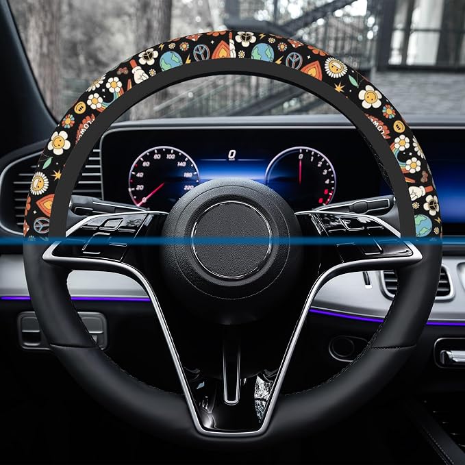 Car Steering Wheel Cover, 14.5"-15" Inch Universal Anti-Slip DurableSteering Wheel Protective Cover, Breathable Auto Interior Decoration Accessories for Sedan SUV Truck (Groovy Hippie)