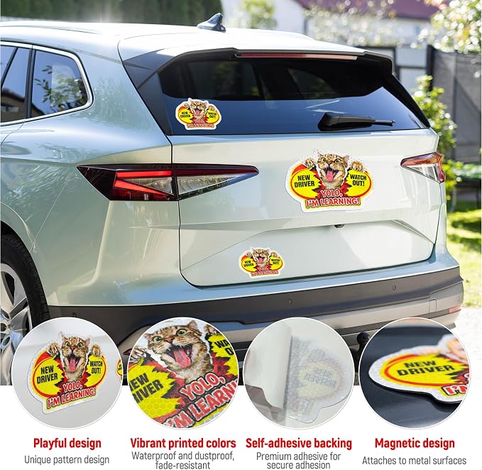 3 Pcs Reflective Student Driver Magnet and Stickers Set - Funny Animal New Driver Safety Signs for Car, Waterproof & Weatherproof High Visibility Vehicle Bumper Decals, Magnet + Stickers (Cat)
