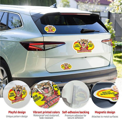 3 Pcs Reflective Student Driver Magnet and Stickers Set - Funny Animal New Driver Safety Signs for Car, Waterproof & Weatherproof High Visibility Vehicle Bumper Decals, Magnet + Stickers (Cat)