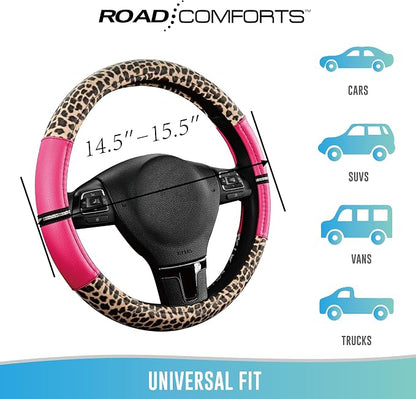 Road Comforts Leopard Steering Wheel Cover for Women, Cute Anti-Slip Microfiber Leather, Universal Fit 14.5-15 Inch Round Steering Wheel - HotPink