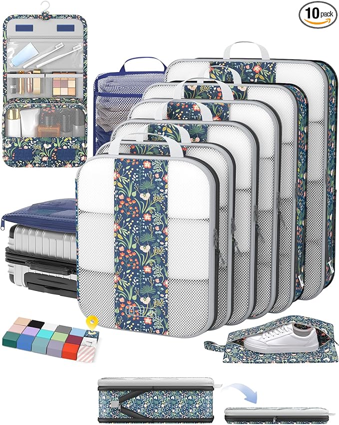 OlarHike 10-Pack Compression Packing Cubes for Travel Essentials,Compressible Expandable Storage Bags for Suitcase,Luggage Garment Bags for Travel,Handy Helper for Organizing Clothes(Dark Blue Floral)