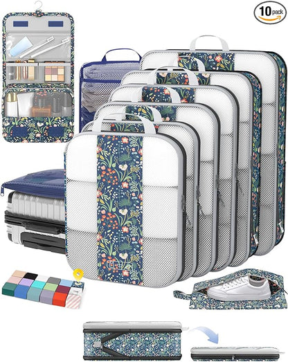 OlarHike 10-Pack Compression Packing Cubes for Travel Essentials,Compressible Expandable Storage Bags for Suitcase,Luggage Garment Bags for Travel,Handy Helper for Organizing Clothes(Dark Blue Floral)