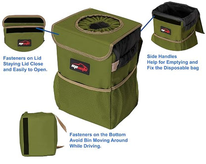 EPAuto Waterproof Car Trash Can with Lid and Storage Pockets, 2.5 Gallon Leakproof, Green