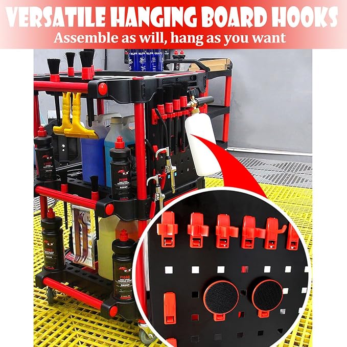 Car Detailing Cart – Auto Detailing Tool Cart with 4 Tool Hanging Board,360° Lockable Universal Wheels, 3 Tier Car Wash Detail Cart for Professional Detailing (4 Tool Hanging Board)