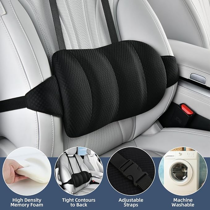 KAYI Lumbar Support Pillow for Car, Memory Foam Lumbar Pillow with Adjustable Straps, Lumbar Support Pillow for Office Chair, Back Support for Car, Sitting, Driving, Traveling (1, Black)