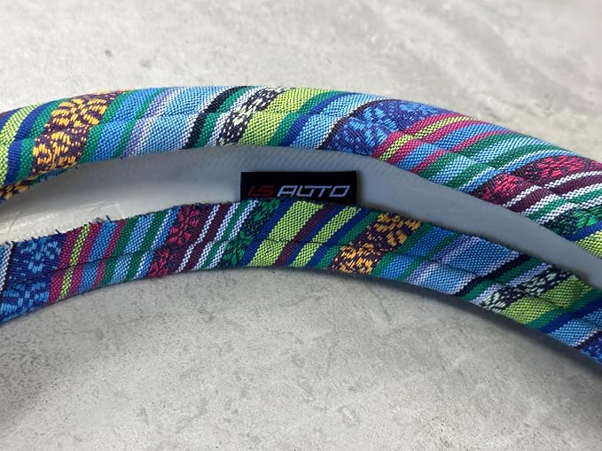 Universal 15inch Ethnic Style Baja Blanket Steering Wheel Cover with Coarse Flax Cloth and Sweat Absorption Anti Slip Car Wrap (Boho Blue)