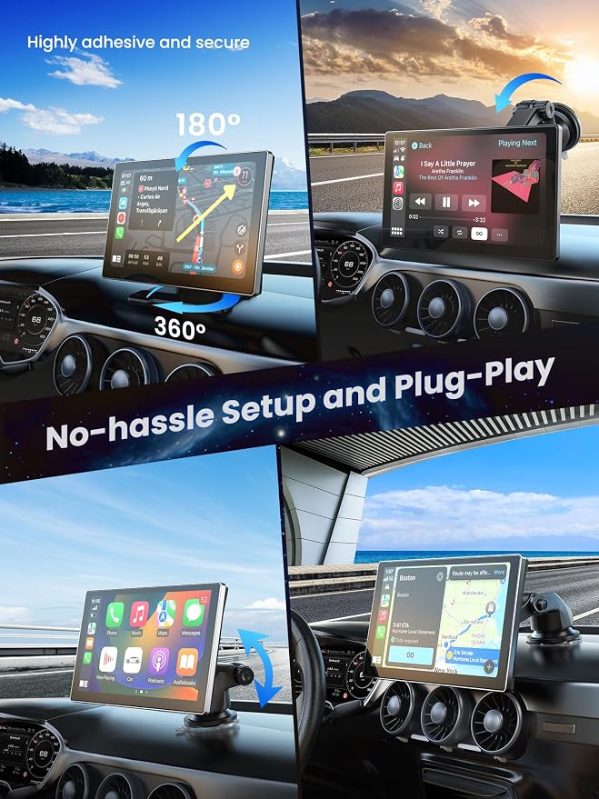 Portable Carplay Screen for Car, 9" Car Stereo Wireless CarPlay & Android Auto Touch Screen,4K Dash Cam/1080P Backup Camera/GPS Navigation/Mirror Link/Bluetooth//FM/Siri